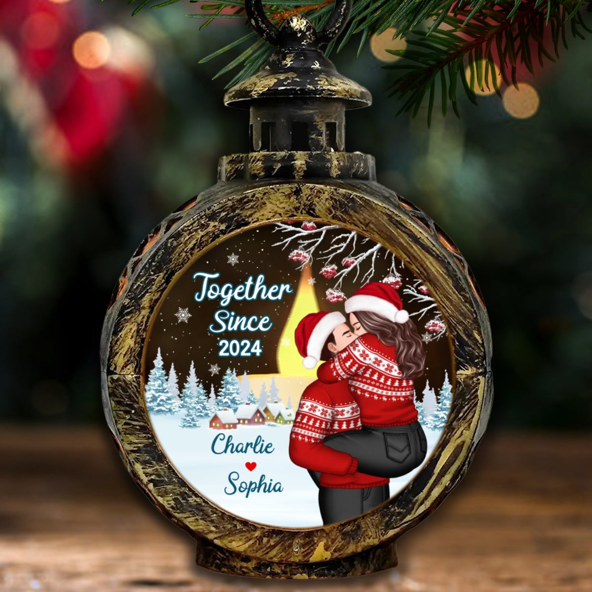 Couple Hugging Kissing Personalized Lantern Ornament, Christmas Gift For Him, For Her