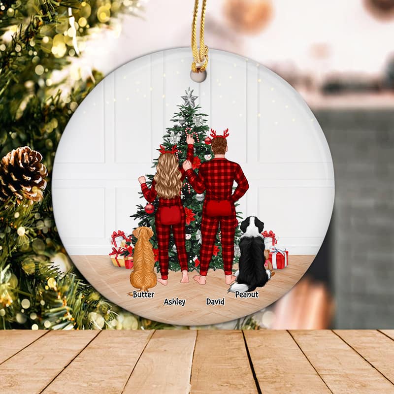 Couple Pajamas & Dogs Decorating Tree Personalized Circle Ornament