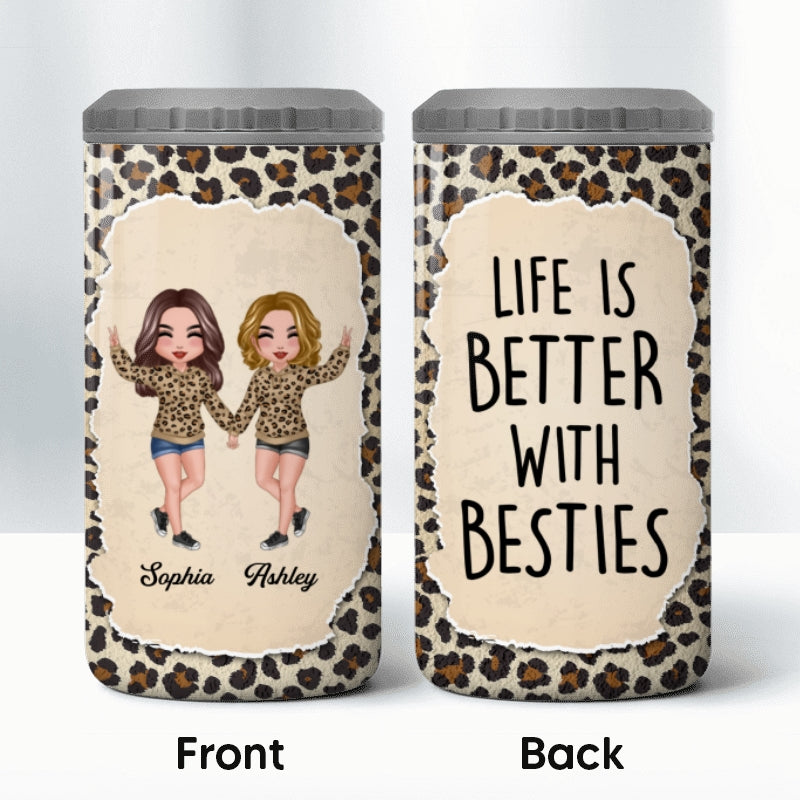 Happy Doll Besties Sisters Torn Leopard Frame Personalized 4 In 1 Can Cooler