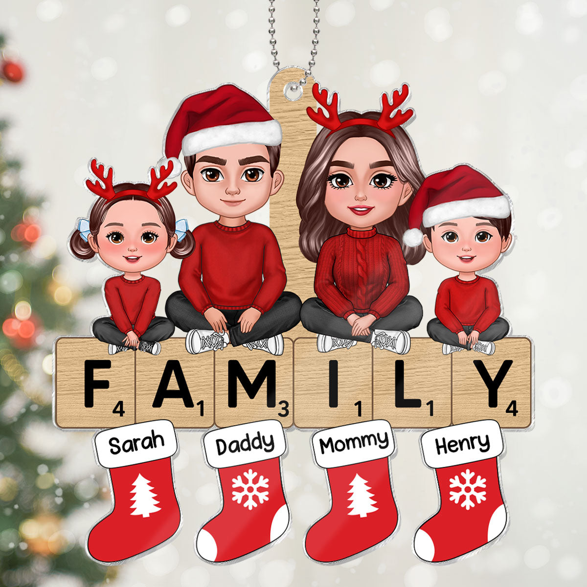 Doll Family Sisting On Word Puzzle Personalized Acrylic Ornament, Christmas Decoration