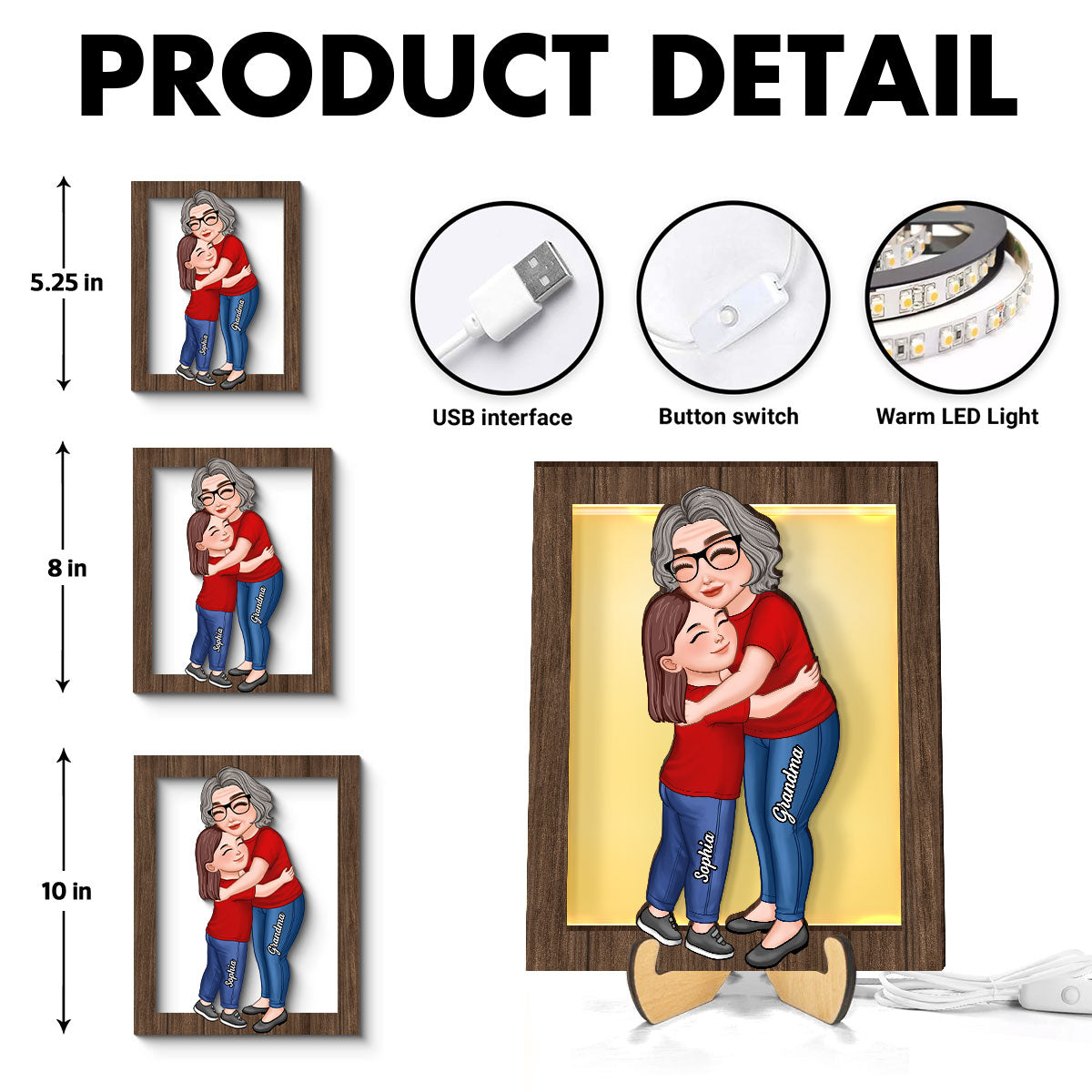 Grandma Grandkid Hugging Personalized 2-Layered Wooden Plaque With LED, Gift for Grandma, Mother's Day