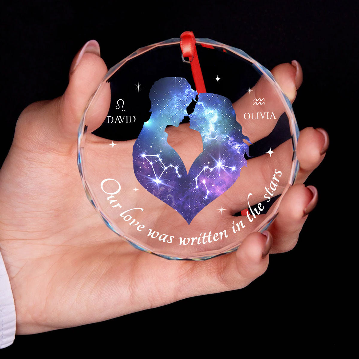 Our Love Was Written In The Stars Hugging Couple Personalized Zodiac Sign Glass Ornament, Birthday Christmas Wedding Gift For Couple, Girlfriend, Boyfriend, Astrology Lovers