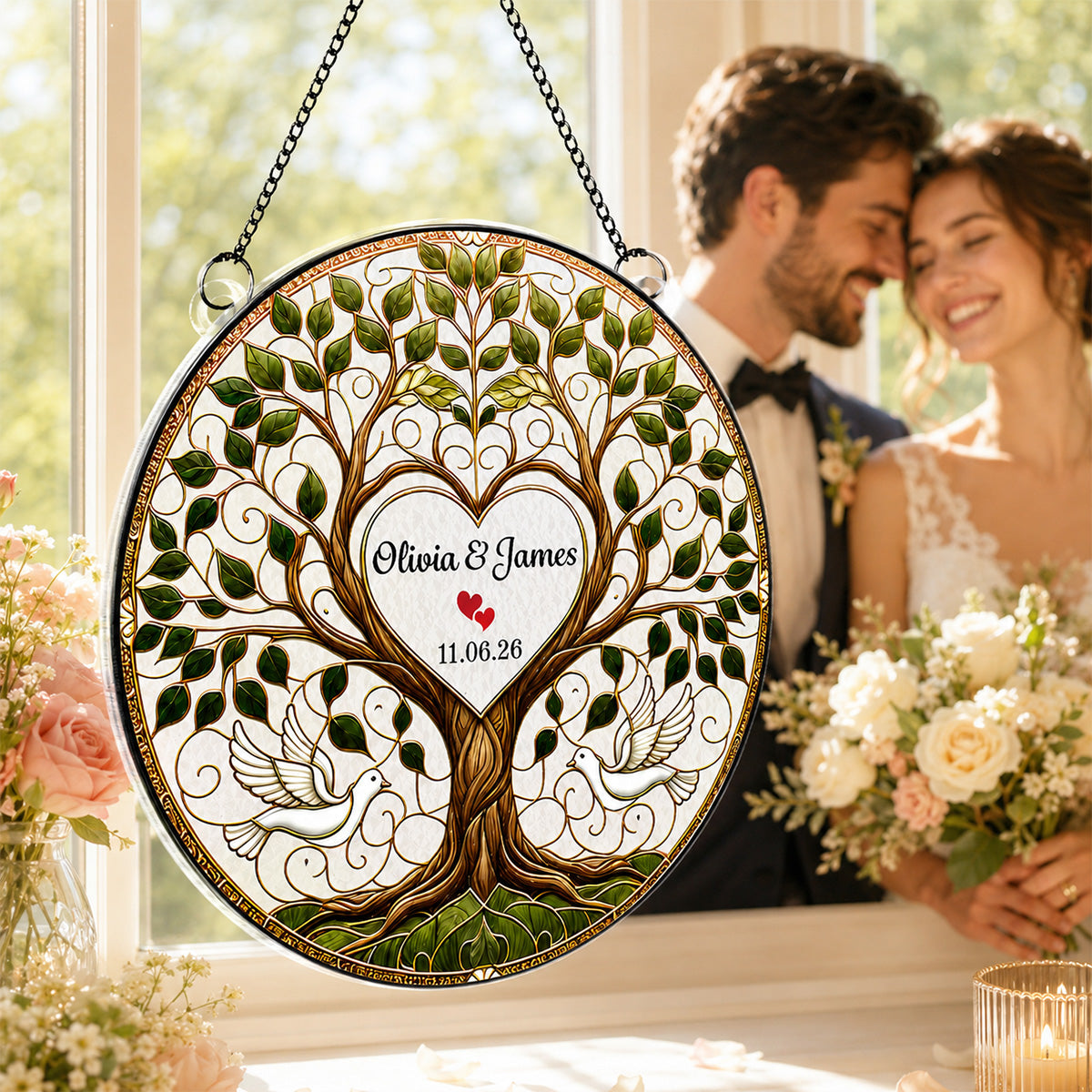 Wedding Tree Of Life With Doves - Personalized Acrylic Window Hanger - Wedding Keepsake, Anniversary Gift For Couples
