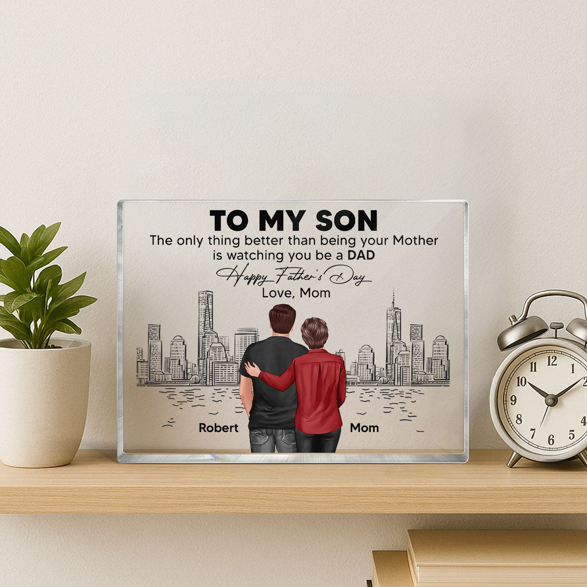 To My Son From Mom Happy Father's Day Skyline Personalized Rectangle Acrylic Block Plaque