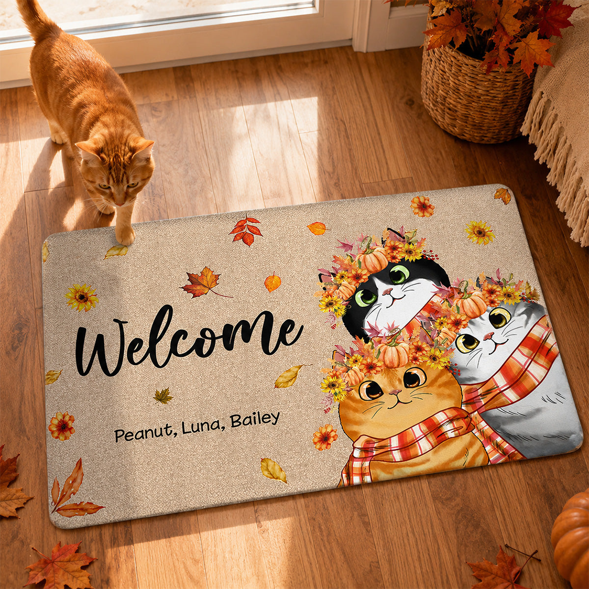 Hello Fall Cute Fluffy Cat - Personalized Doormat - Fall Season Decor For Cat Lover