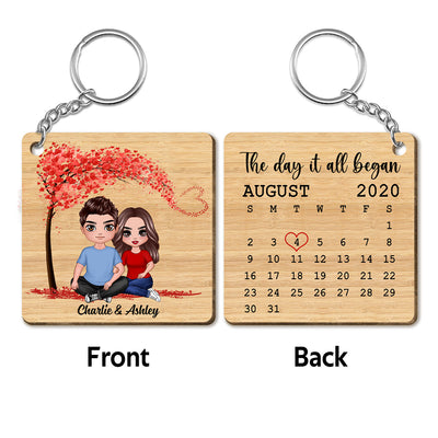Doll Embracing Couple Sitting Under Tree Calendar Anniversary Date Personalized Wooden Keychain