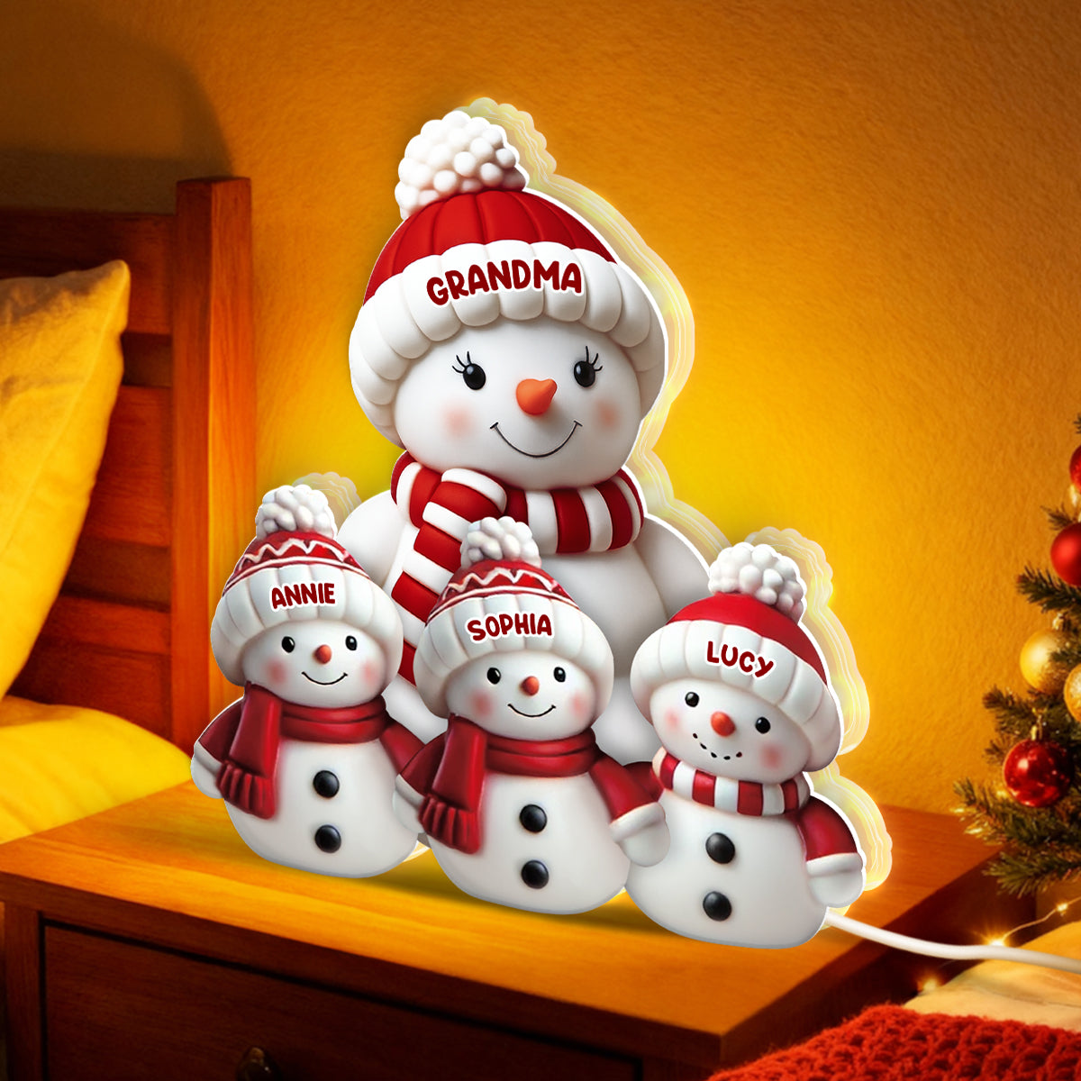 3D Effect Cute Snowman Grandma & Grandkids - Personalized Light Box - Christmas Decor For Family, Grandma