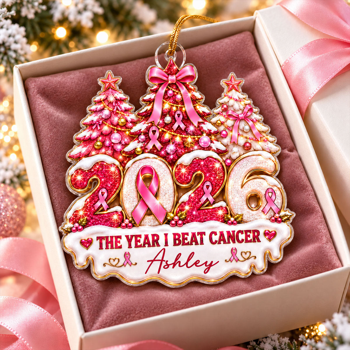 The Year I Beat Breast Cancer - Personalized Acrylic Ornament - Christmas Gift For Breast Cancer Survivors, Breast Cancer Awareness Gift