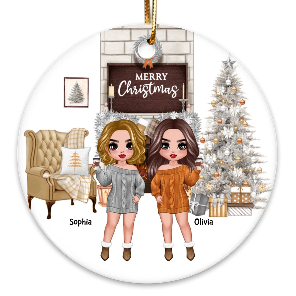 Orange And White Christmas Doll Besties Sisters Standing Personalized Circle Ornament
