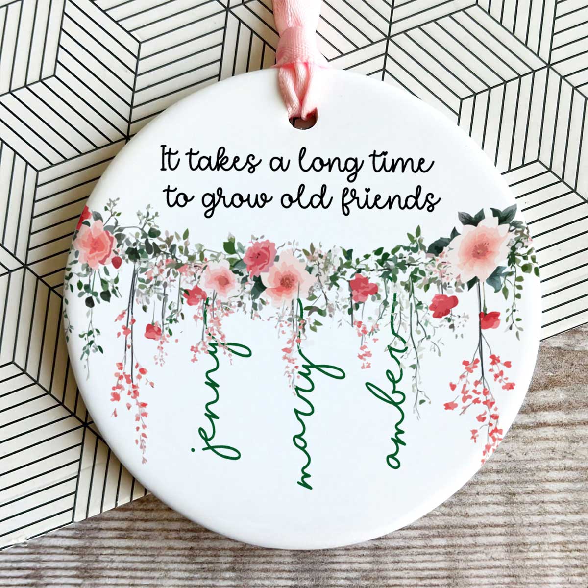 Grow Old Friends Vine Flowers Personalized Circle Ceramic Ornament, Gift for Besties, Best Friends
