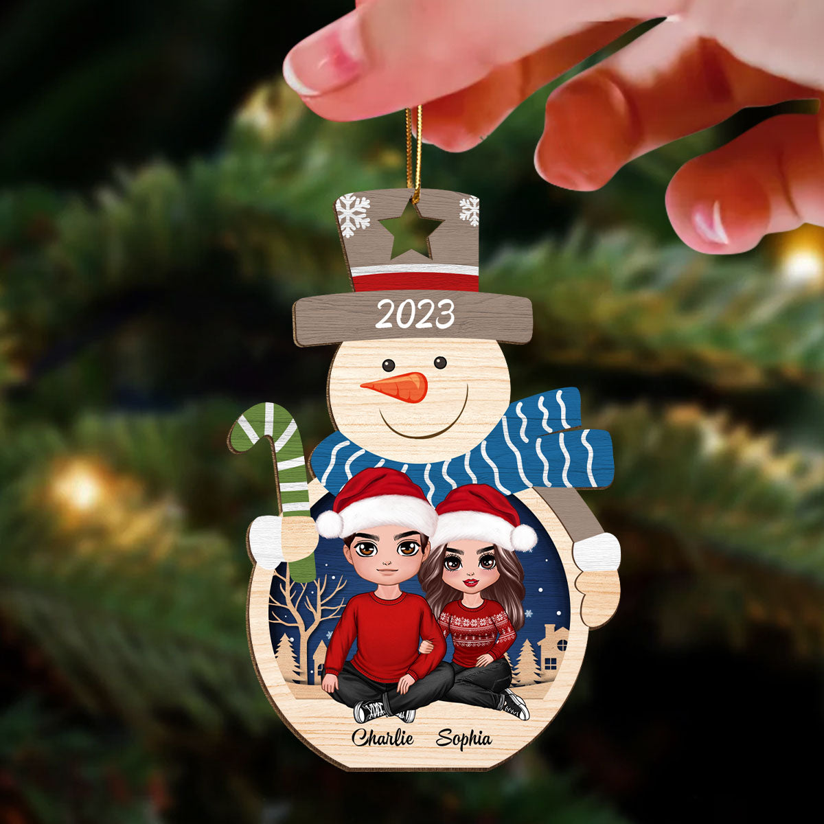 Couple Sitting Inside Snowman Personalized Wooden Ornament