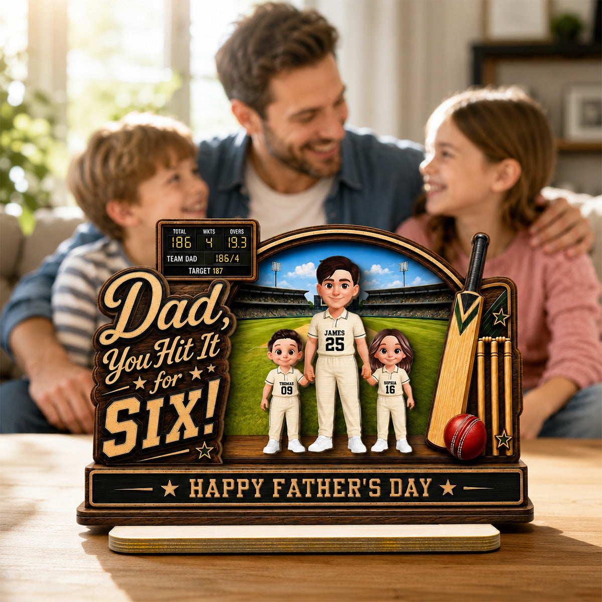 Hit A Six With The Best Dad Cricket Dad & Kids On Court - Personalised 2-Layered Wooden Plaque - Father's Day Gift For Husband, Dad