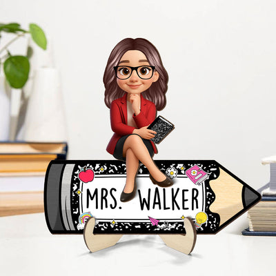 Teacher Sitting on Pencil Composition Book Pattern Personalized 2-Layered Wooden Plaque, Desk Decor for Classroom