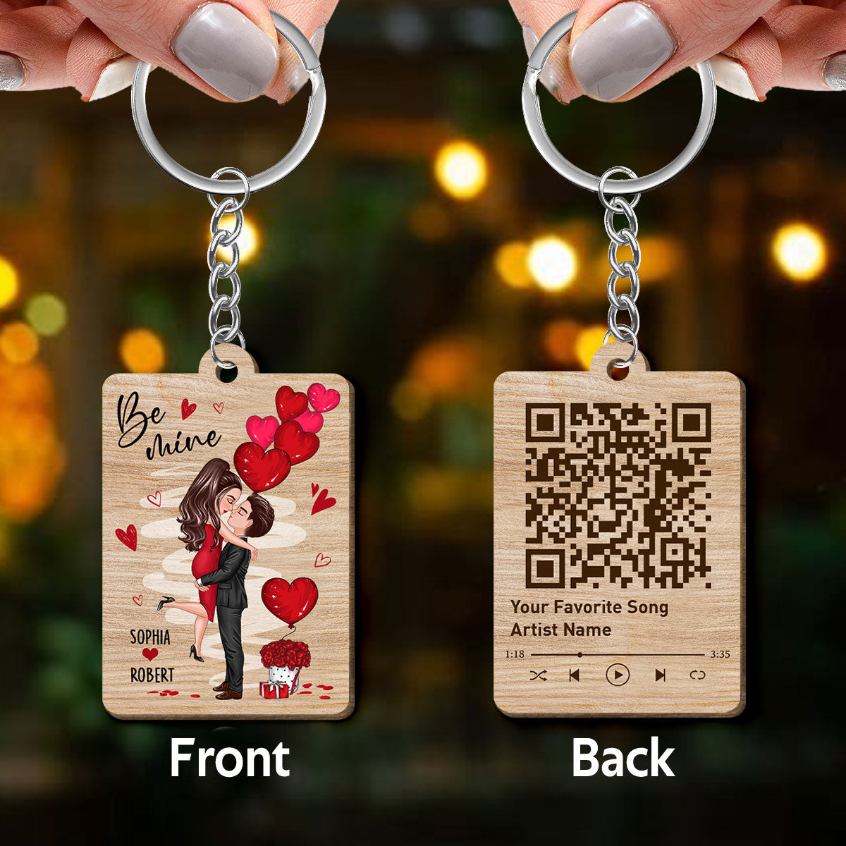 Be Mine Doll Couple Hugging Kissing Favorite Song QR Code Personalized Wooden Keychain