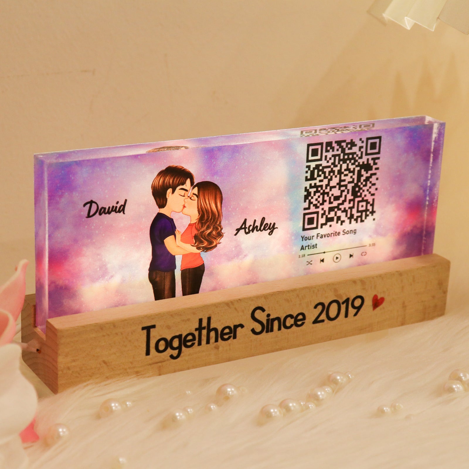 Couple Kissing, Favorite Song Scannable QR Code Personalized Acrylic LED Night Light, Anniversary, Just Because Gift For Her, Gift For Him