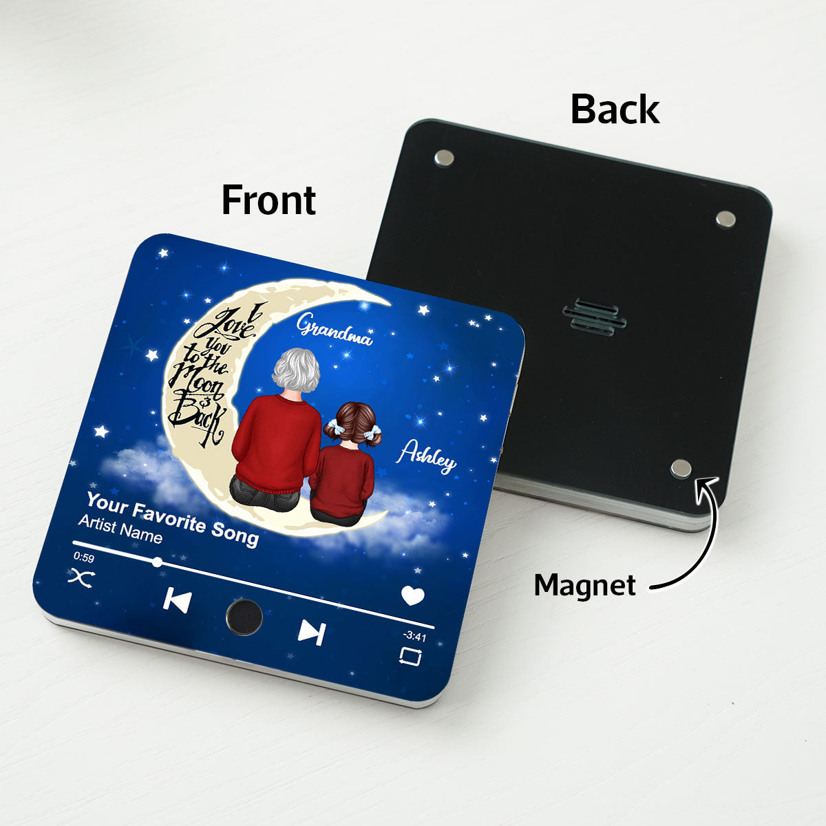 Grandma & Grandkid I Love You To The Moon And Back Personalized Music Fridge Magnet, Heartfelt Gift For Grandma, Grandkids, Granddaughter, Grandson
