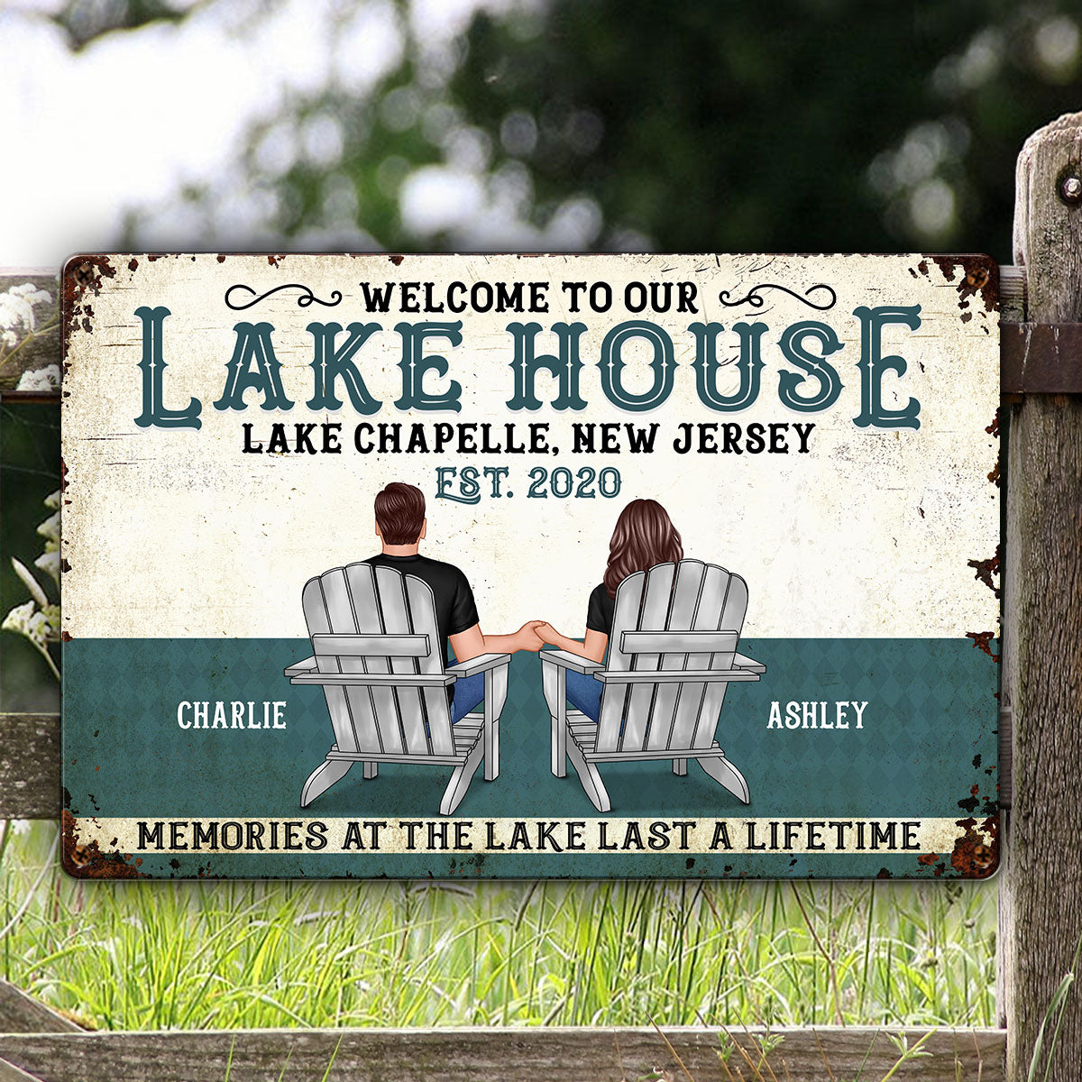 Welcome To Our Lake House Back View Couple Personalized Metal Sign