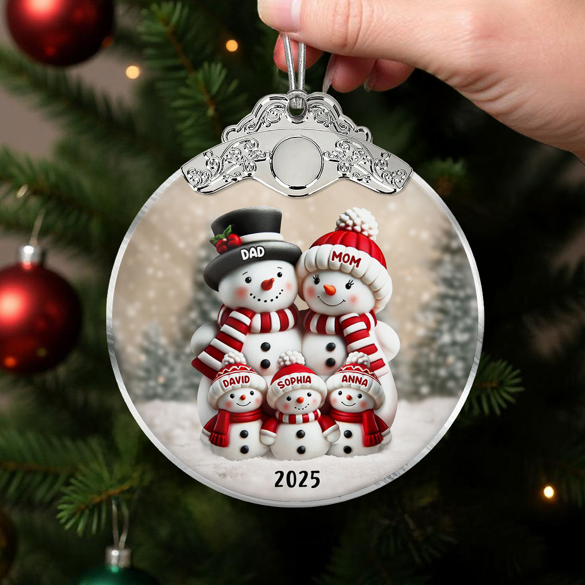 3D Effect Cute Snowman - Personalized Glass Ornament With Silver Cap - Christmas Decor For Family, Grandma, Grandpa