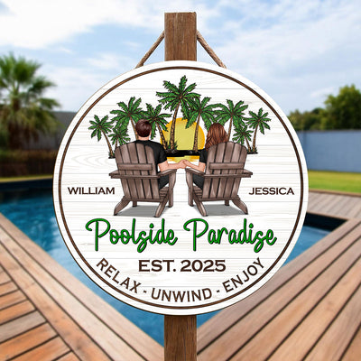 Summer Couple Retro Vintage Poolside Paradise Personalized Wood Sign