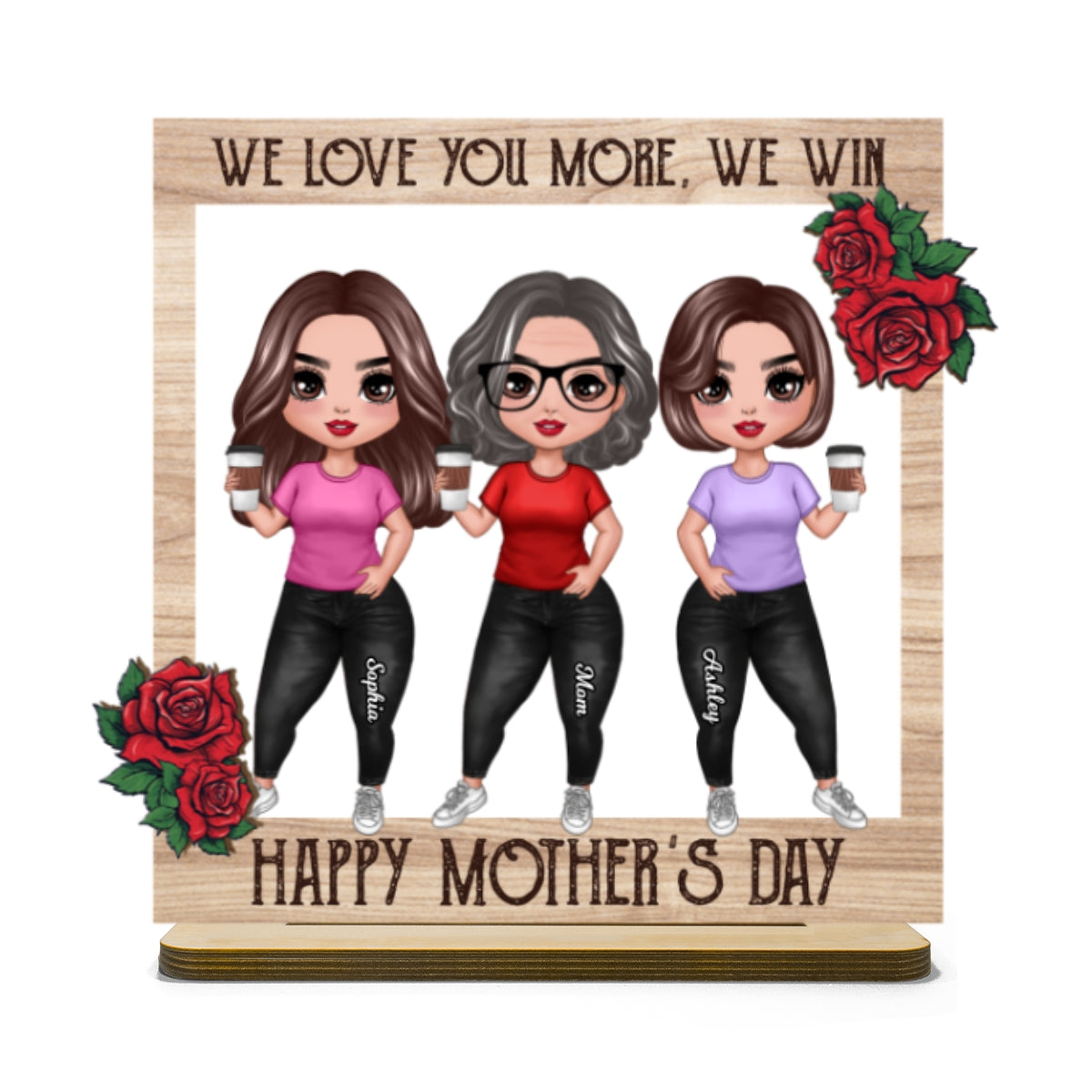 Roses Frame Mom And Daughter Personalized 2-Layer Standing Wooden Plaque