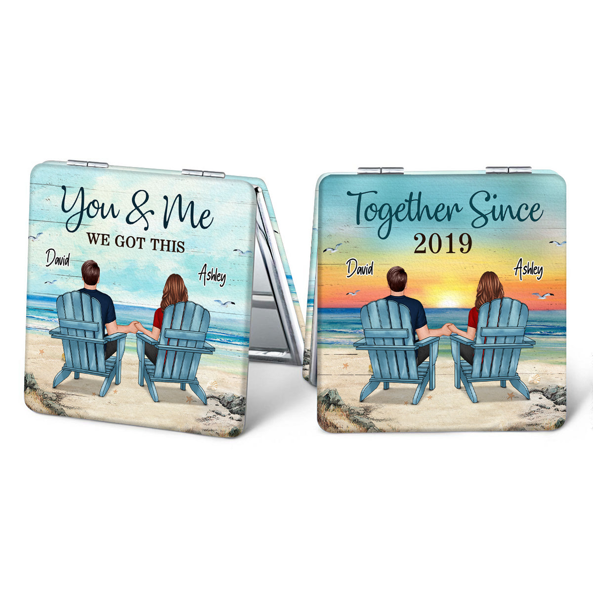 Back View Couple Sitting Beach Landscape You & Me We Got This Personalized Square Compact Mirror