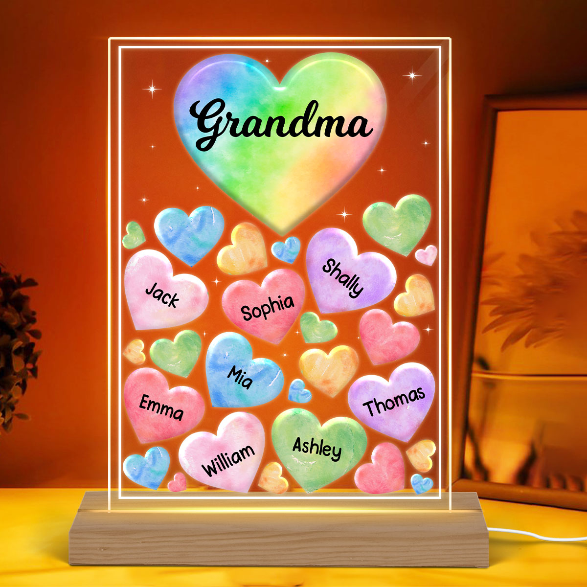 Grandma Mom Hearts Colorful Watercolor Personalized Acrylic LED Night Light