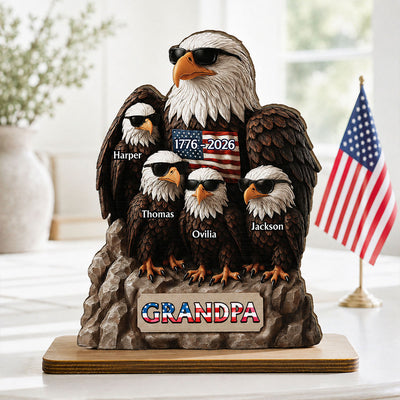 America 250th Anniversary Patriotic Eagle Grandpa Dad & Kids - Personalized 2-Layered Wooden Plaque - Father's Day Gift, 250th Anniversary Gift, Keepsake For Grandpa, Dad
