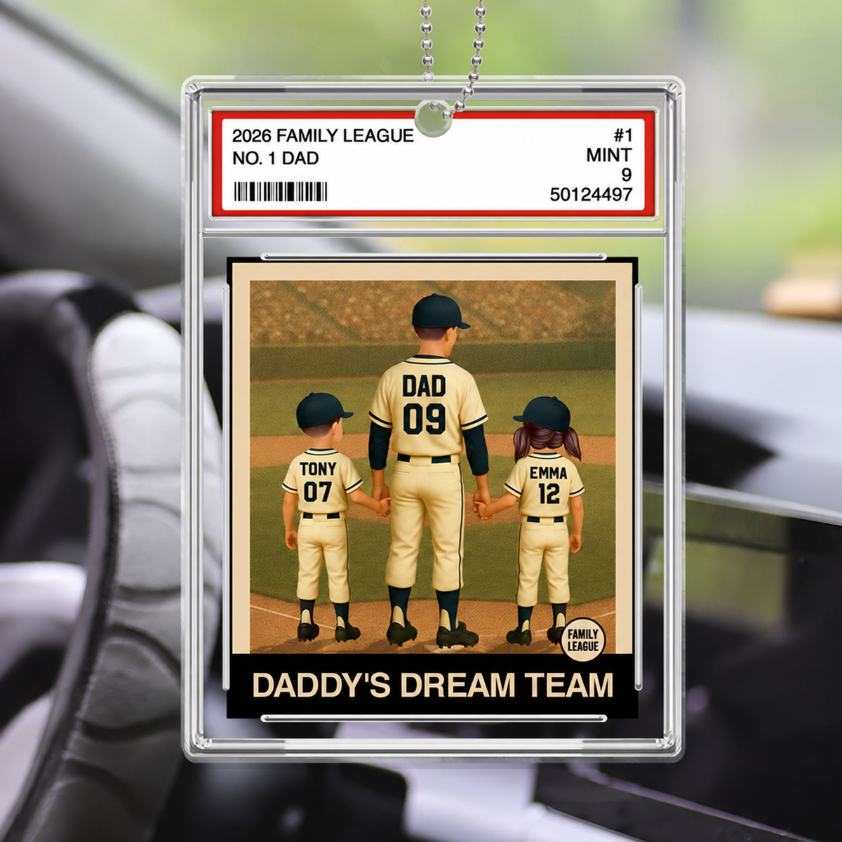 Baseball No. 1 Dad Man & Kids Trading Card Style Personalized Acrylic Car Ornament