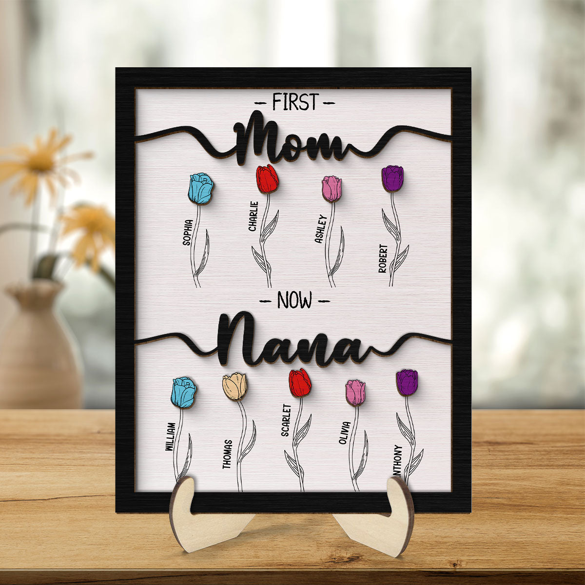 First Mom Now Grandma Tulip Flowers Personalized 2-Layer Wooden Plaque, Birthday Gift, Anniversary GiftFor Grandma