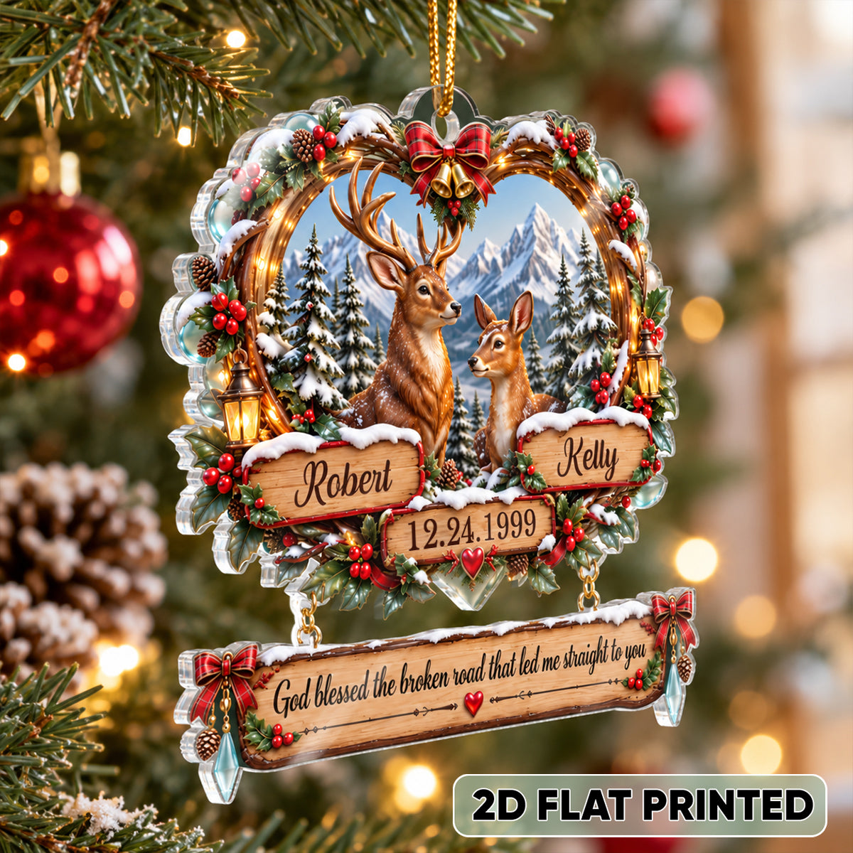 God Blessed the Broken Road Deer Couple - Personalized Acrylic Ornament - Christmas Gift for Him, for Her
