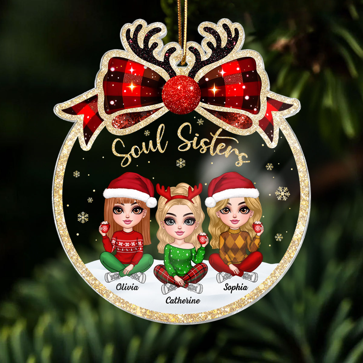 Lovely Besties Christmas Bow Personalized Acrylic Ornament, Christmas Gift For Best Friends