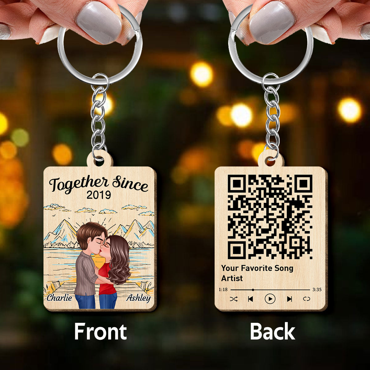 Mountain Sketch Doll Couple Kissing Favorite Song Scannable QR Code Personalized Wooden Keychain