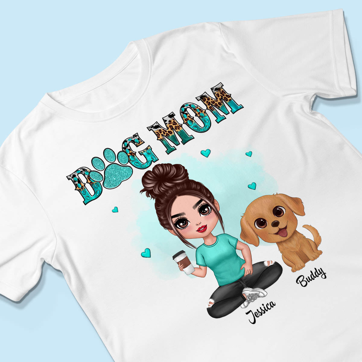 Watercolor Cute Dogs Teal And Leopard Dog Mom Personalized Shirt