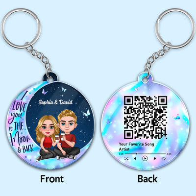 Doll Sitting Together On Galaxy Moon Favorite Song Scannable QR Code Personalized Acrylic Keychain