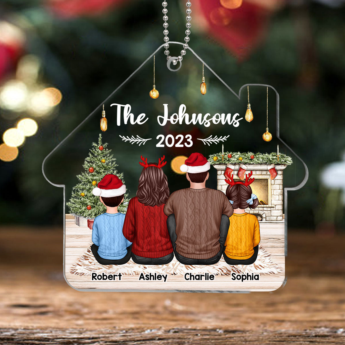 Family Sitting Back View House Shaped Personalized Acrylic Ornament