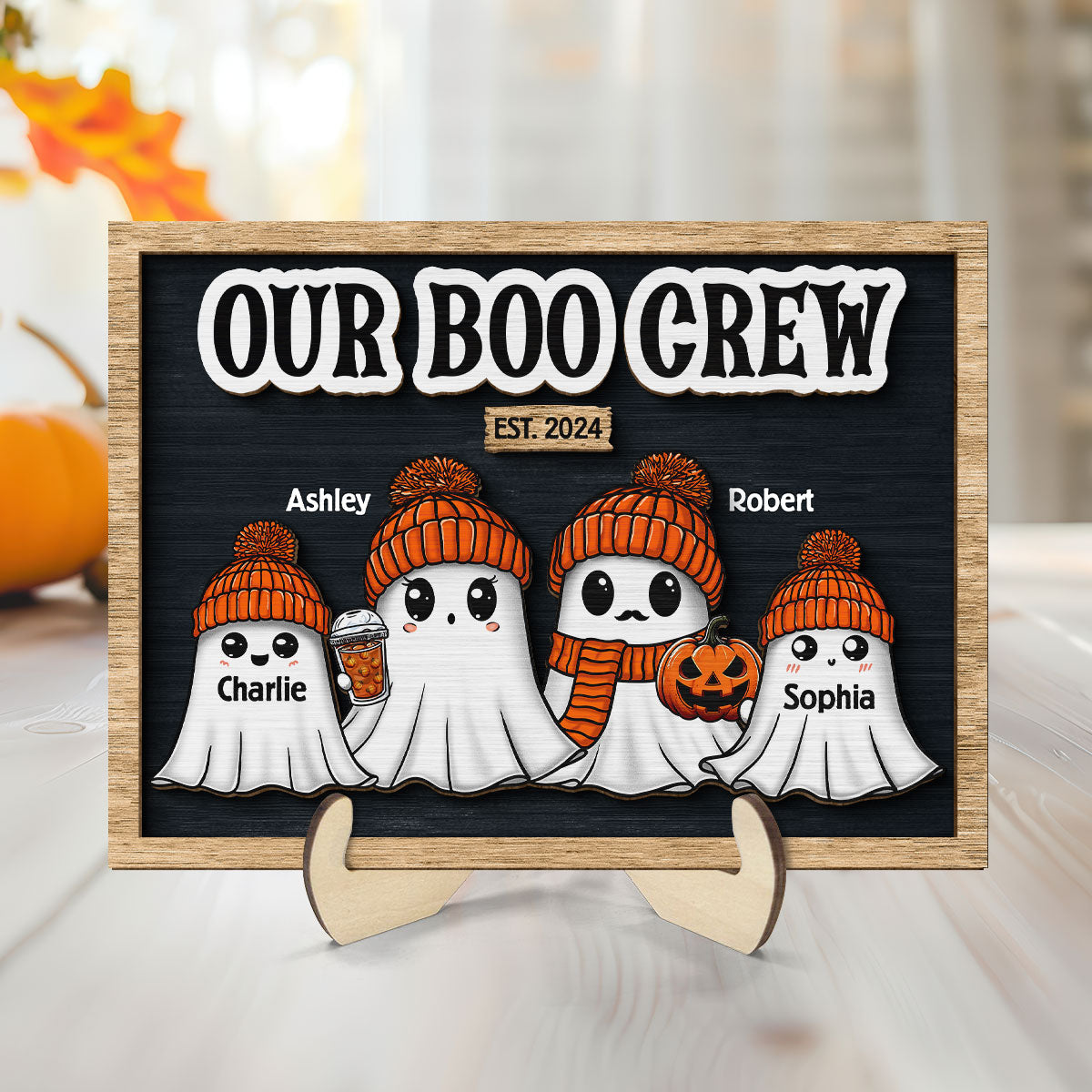 Family Our Boo Crew Fall Season Halloween Personalized 2-Layer Wooden Plaque, Halloween Decoration, Tabletop Tier Tray Decor