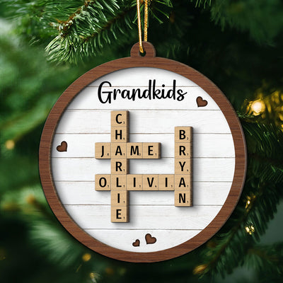 Grandkids Crossword Puzzle Art - Personalized 2-Layered Wooden Ornament - Christmas Gift For Mom, Gift For Grandma