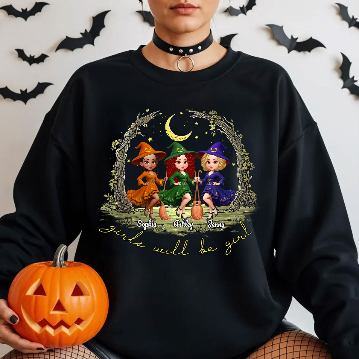 Halloween Witch Besties Sisters Friends Under Moon Personalized Sweatshirt, Halloween Matching Shirt