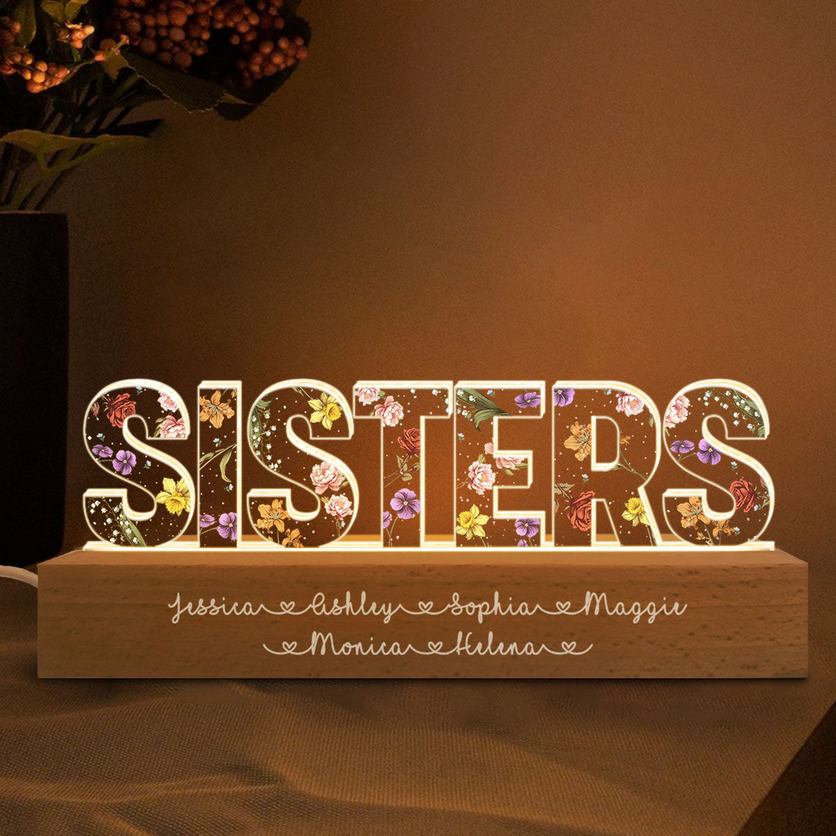 Sisters Birth Month Flower Personalized Acrylic LED Night Light, Birthday Christmas Gift For Sisters