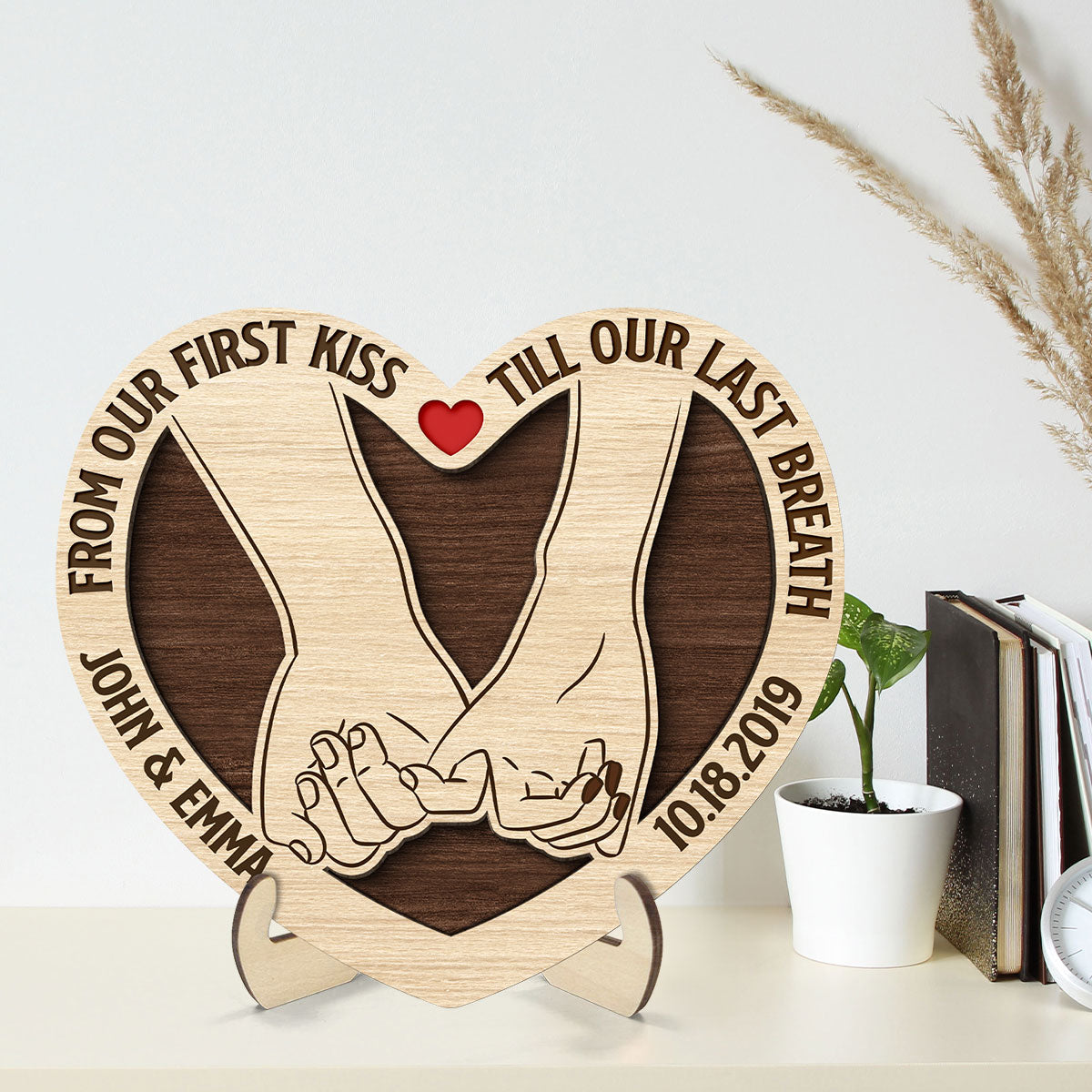 Couple Holding Hands From Our First Kiss Till Our Last Breath Personalized 2-Layer Wooden Plaque