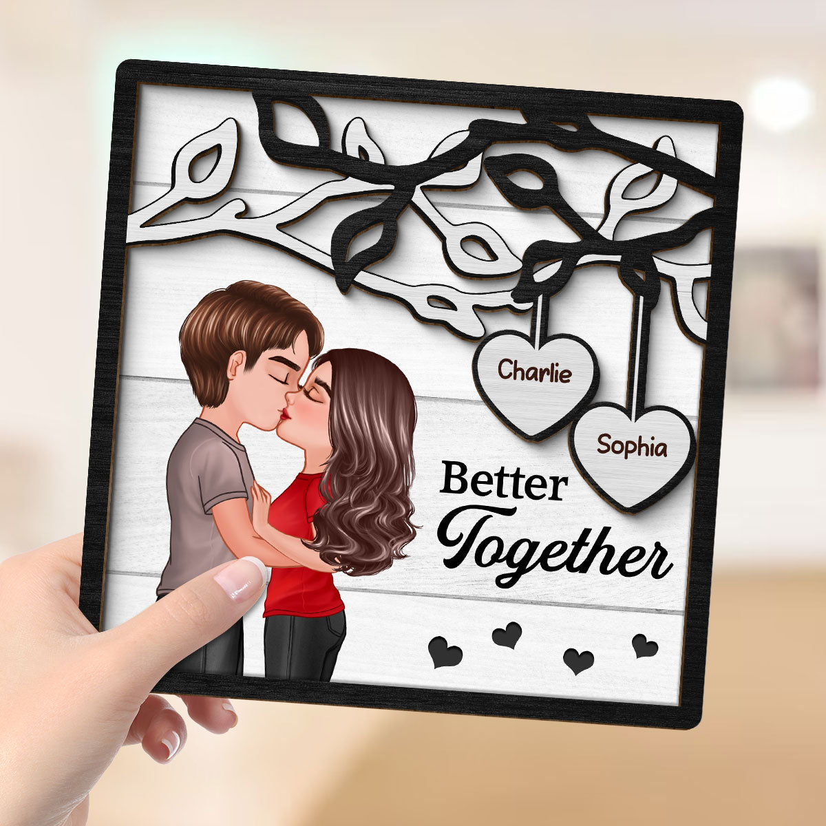 Couple Kissing Under Tree Gift For Him For Her Personalized 2-Layer Wooden Plaque