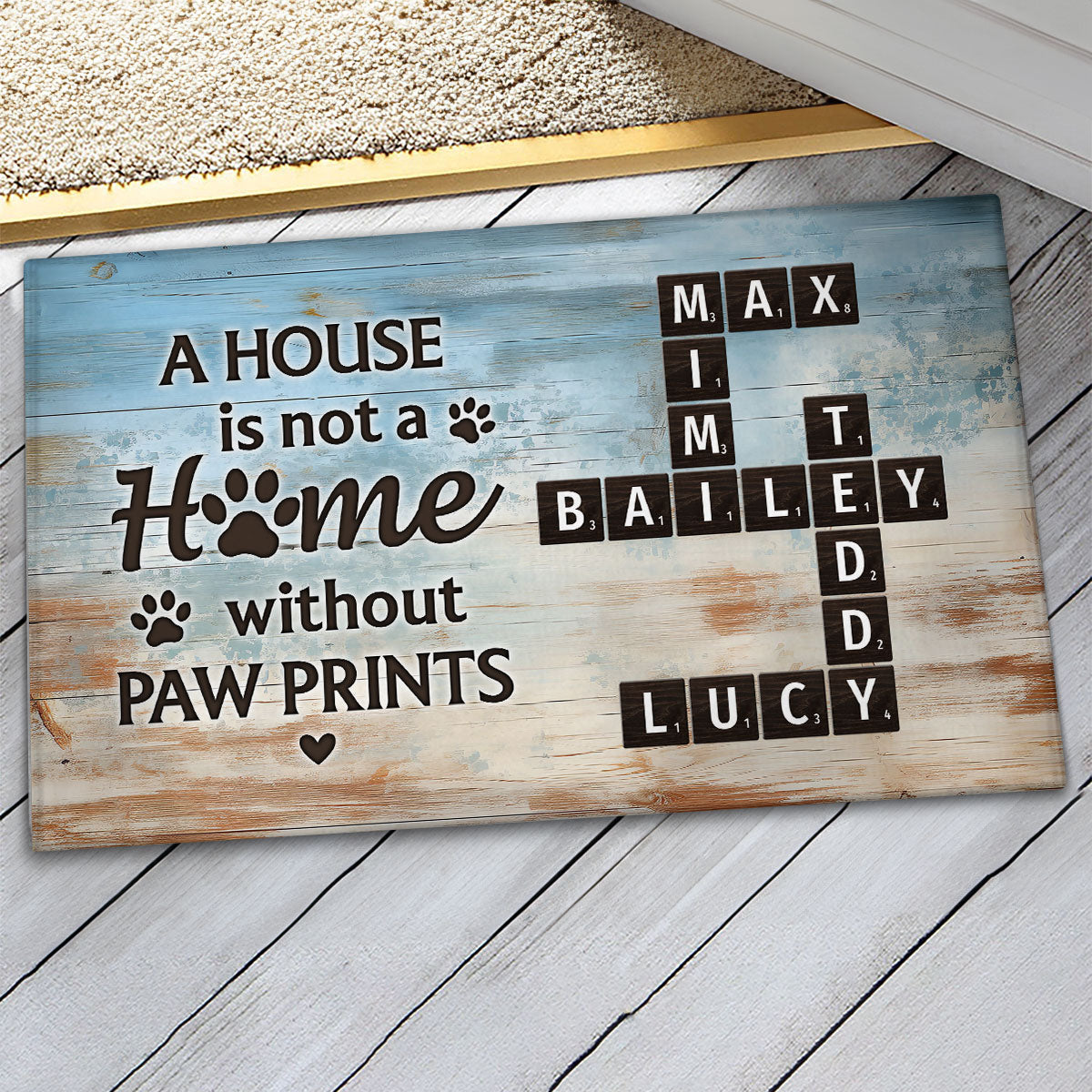 Home With Paw Prints Pet Crossword Puzzle Art Personalized Doormat, Gift for Pet Lover