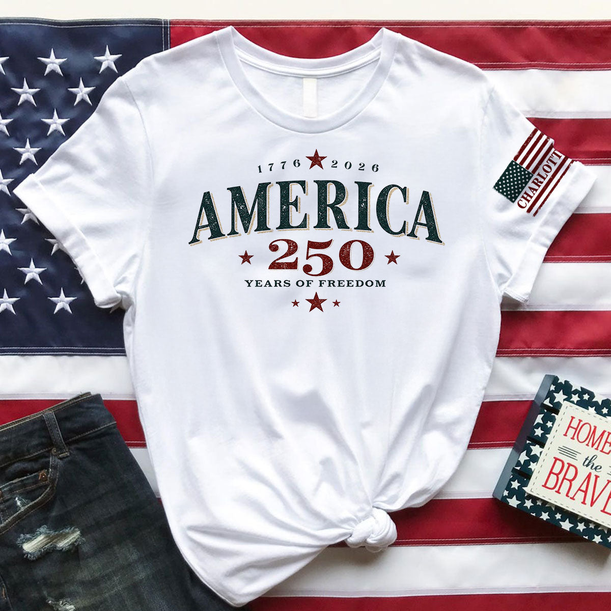 Retro America 250th Anniversary 250 Years Of Freedom - Personalized Sleeve Printed Shirt - Family Matching Shirt, Patriotic Crew Shirt
