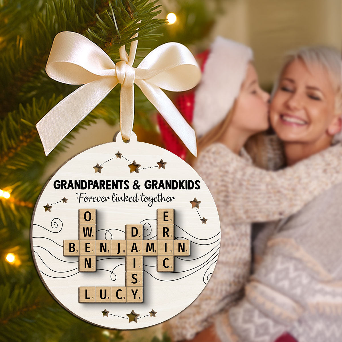 Christmas Grandparents Grandma Grandpa Grandkids Forever Linked Together Crossword Art Personalized 2-Layer Wooden Ornament