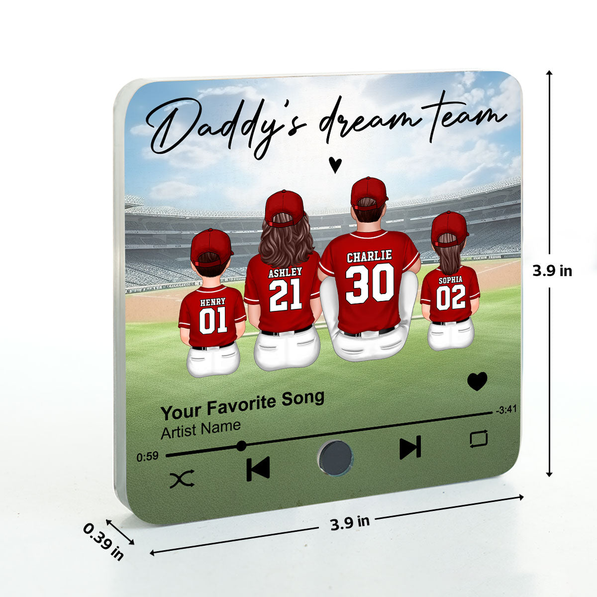 Daddy's Team Baseball Family Sitting Personalized Personalized Music Fridge Magnet, Heartfelt Gift For Dad