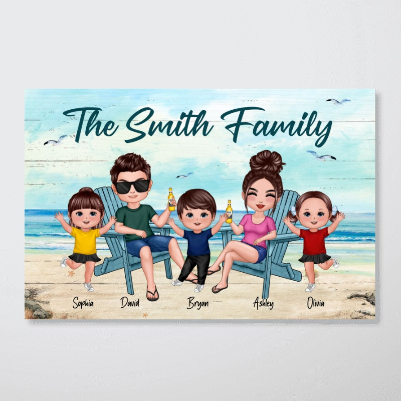 Whole Doll Family Couple Dad Mom Kids Dogs Cats Sitting Beach Landscape Personalized Horizontal Poster
