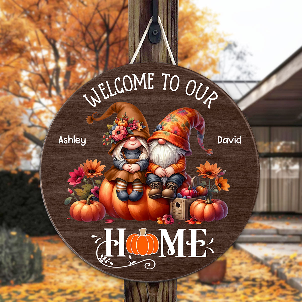 Fall Season Gnome Couple Welcome To Our Home Personalized Wood Sign