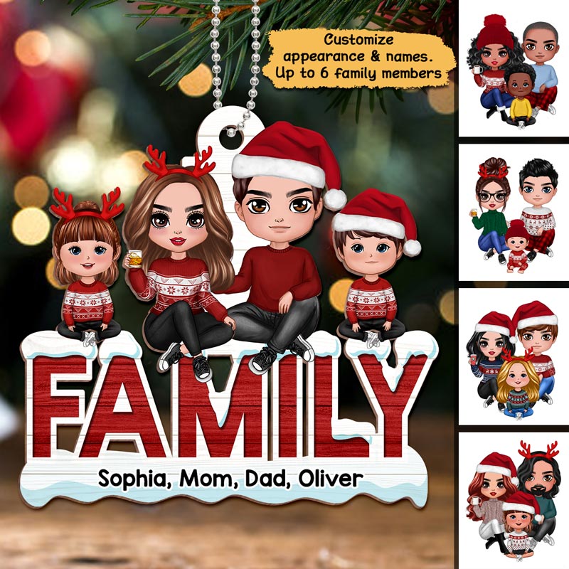 Doll Family Sitting On Word Personalized Wooden Ornament