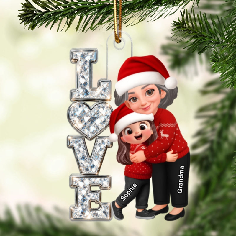 Grandma Hugging Grandkid LOVE Sparkle 2D Flat - Personalized Acrylic Ornament - Christmas Gift For Grandma, Granddaughter, Grandson