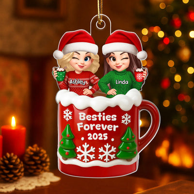 Christmas Besties Sisters In Hot Cocoa 3D Effect Personalized Acrylic Ornament